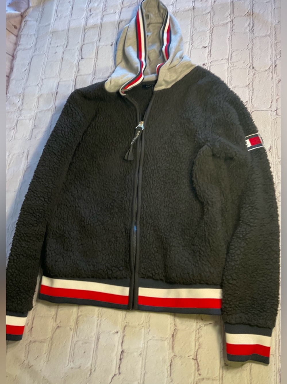 Women’s navy Sherpa Zip Hoodie with Red & White Trim